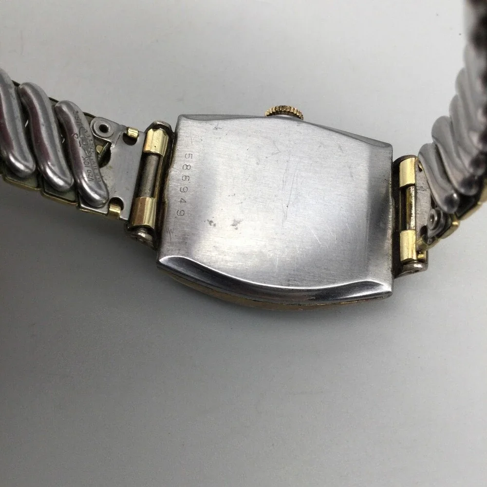 Vintage Benrus Mens Watch 25mm Gold Tonneau Dial Manual Wind Shock Absorber